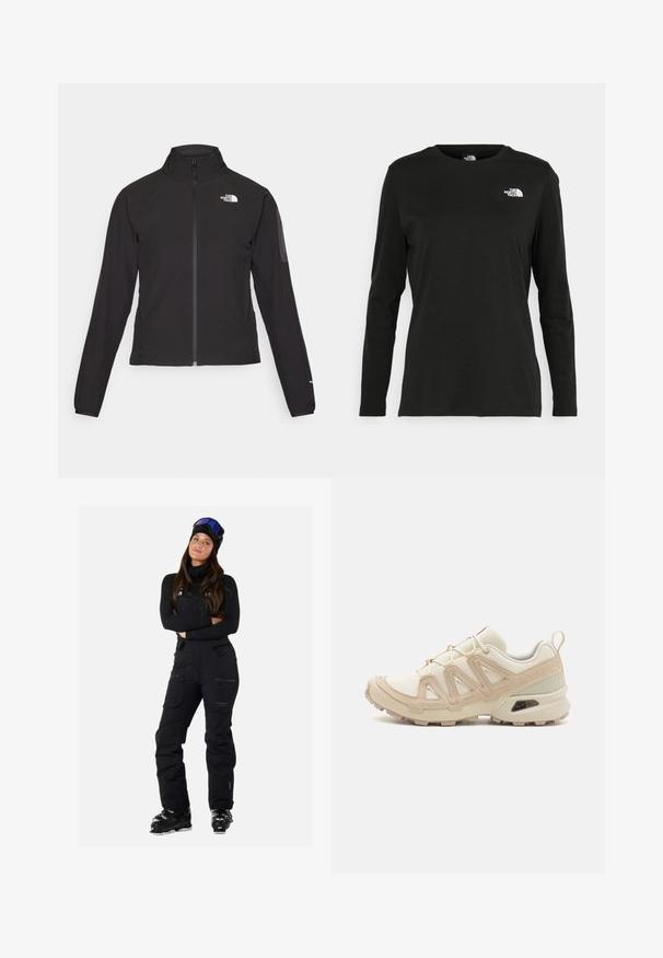 Schwarze Zip-Jacke mit hohem Kragen, strukturiertem Stoff und Logo auf der linken Brust. Verfügt über lange Ärmel und eine taillierte Passform.; Schwarzes Langarm-T-Shirt aus Baumwolle mit Rundhalsausschnitt. Verfügt über ein kleines weißes Logo auf der linken Brustseite. Einfaches Design und Passform.; Schwarze Skihosen mit verstellbaren Trägern, mehreren Taschen und einem eleganten, wasserabweisenden Design. Verfügt über eine taillierte Passform und strapazierfähigen Stoff.; Beige und cremefarbenen Sportschuh mit strukturiertem Mesh-Obermaterial, unterstützenden Überzügen und Gummisohle mit einem Profilmuster für Bodenhaftung.