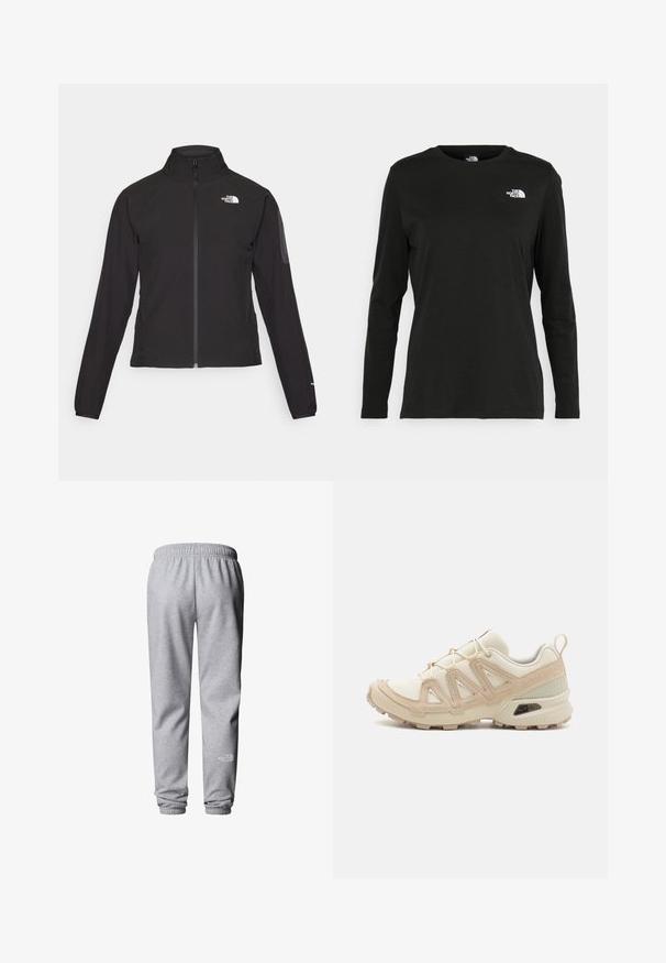 Zwarte zip-up jas met een hoge kraag, textuurstof en een logo op de linker borst. Beschikt over lange mouwen en een slim fit ontwerp.; Zwart langsluiting T-shirt van katoen met een ronde hals. Heeft een klein wit logo op de linkerkant van de borst. Eenvoudig ontwerp en pasvorm.; The North Face W SIMPLE DOME REGULAR TAPERED JOGGER - Trainingsbroek - tnf light grey heather; Beige en crème sportschoen met een textuur-mesh bovenwerk, ondersteunende overlays en een rubberen zool met een profielpatroon voor grip.