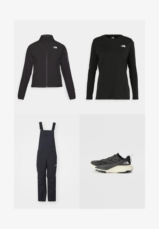Fekete, cipzáros dzseki magas gallérral, texturált anyagból, bal mellen logóval. Hosszú ujjak és testhezálló fazon jellemzi.; Fekete, hosszú ujjú póló pamutból, kerek nyakkal. A bal mellrészen egy kis fehér logó található. Egyszerű dizájn és szabás.; adidas Terrex XPERIOR TWO-LAYER INSULATED BIB - Sínadrág - black white; Fekete sportcipő, texturált felsőrésszel, szürke kiegészítőkkel és fehér középtalppal. Húzófüllel és kiemelkedő márkalandírral a sarkán.
