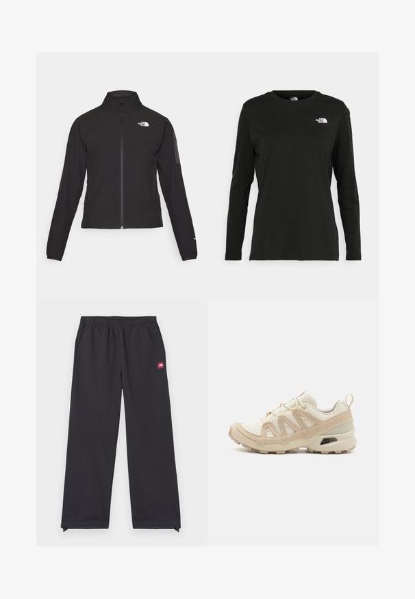 Juodas zip-up švarkas su aukšta apykakle, tekstūruotu audiniu ir logotipu kairėje krūtinės pusėje. Pasižymi ilgu rankovėmis ir prigludusia forma.; Juodas ilgomis rankovėmis medvilninis marškinėliai su apvali apykakle. Savybė - mažas baltas logotipas kairėje krūtinės pusėje. Paprastas dizainas ir pritaikymas.; Juodos sportinės kelnės, pagamintos iš minkštos medžiagos, su laisvu pjūviu, elastingu diržu, šoninėmis kišenėmis ir maža raudona logotipo etikete priekyje.; Bežinės ir kreminės spalvos sportinės bateliai su tekstūruoto tinklelio viršutine dalimi, palaikančiomis detalėmis ir guminiais padais, turinčiais raštą, užtikrinantį sukibimą.