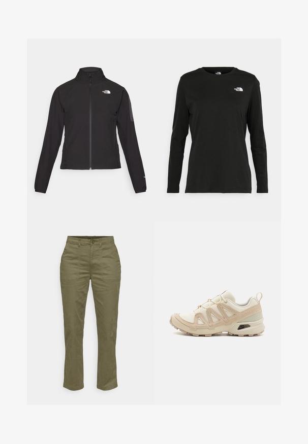 Black zip-up jacket with a high collar, textured fabric, and logo on the left chest. Features long sleeves and a fitted design.; Black long-sleeve t-shirt made of cotton with a round neck. Features a small white logo on the left chest area. Simple design and fit.; Olive green cotton pants with a straight leg design, featuring a front button closure, two side pockets, and reinforced seams.; Beige and cream athletic shoe with textured mesh upper, supportive overlays, and rubber outsole featuring a tread pattern for traction.