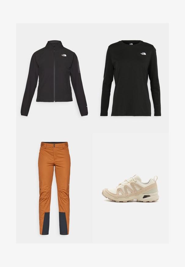 Črna zip-up jakna z visokim ovratnikom, teksturirano blago in logotipom na levem prsnem delu. Ima dolge rokave in prilega se.; Črna majica z dolgimi rokavi iz bombaža z okroglo izrezom. Ima majhen bel logotip na levem prsnem delu. Enostaven dizajn in prileganje.; Oranžne zunanji hlače s ravnim krojem, z večjim temno modrim poudarkom na spodnjem delu hlač, dvema sprednjima žepoma z zadrgo in gumbom za zapiranje.; Bež in krem športni čevlji z teksturiranim mrežastim zgornjim delom, podpornimi prekrivali in gumijastim podplatom z vzorcem za oprijem.