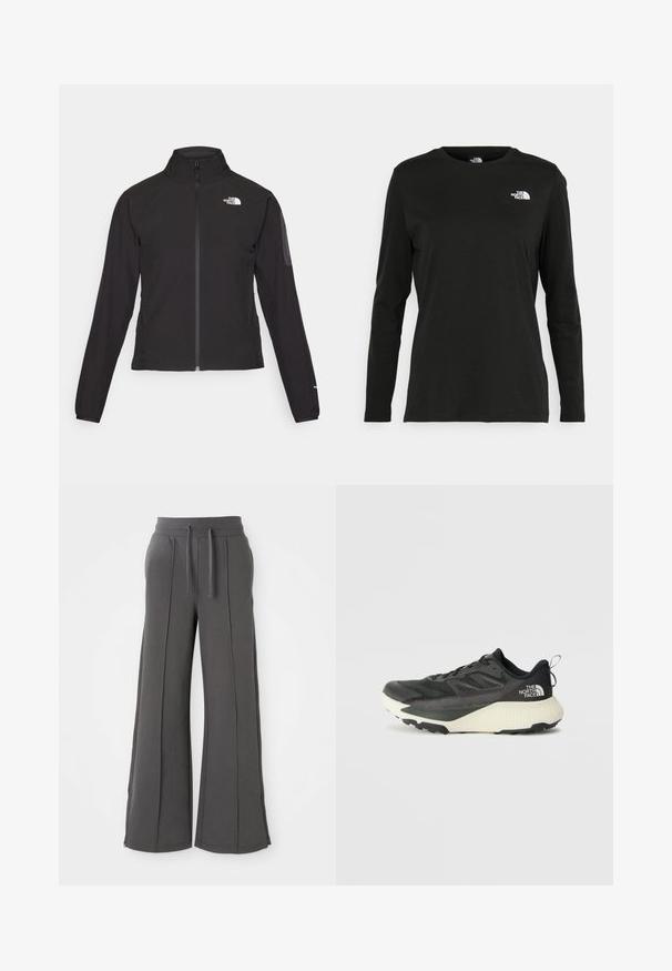 Melna ar rāvējslēdzēju aizdara jaka ar augstu apkakli, teksturētu audumu un logotipu kreisajā krūtī. Satur garas piedurknes un pieguļošu dizainu.; Melnas garām piedurknēm T-krekls, izgatavots no kokvilnas ar apaļu kaklu. Tam ir mazs balts logo kreisajā krūtīs. Vienkāršs dizains un piegulums.; Tumši pelēki platā kāju sporta bikses ar priekšējiem šuvēm, elastīgu jostasvīru, auklām, sānu kabatām un rāvējslēdzēja apakšdaļām uz baltas fona.; Melna sporta kurpe ar teksturētu augšdaļu, kurai ir pelēki akcenti un balts vidusdaļa. Ietver vilkšanas cilpu un izteiktu zīmola logo uz papēža.