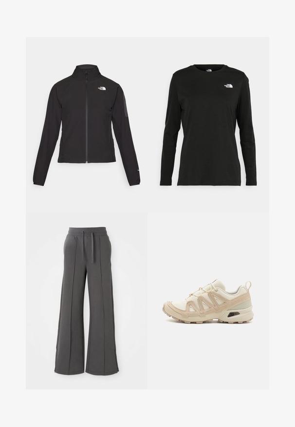 Svart zip-up jacka med hög krage, texturerat tyg och logotyp på vänster bröst. Har långa ärmar och en figursydd design.; Svart långärmad t-shirt i bomull med rund hals. Har en liten vit logotyp på vänster bröstområde. Enkelt design och passform.; Mörkgrå vida sweatpants med framseam, elastisk midja, snören, sidofickor och dragkedjefållar på en vit bakgrund.; Beige och krämfärgad atletisk sko med texturerad meshovandel, stöttande överdrag och gummisulor med ett mönster för grepp.