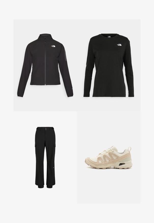 Giacca nera con zip e colletto alto, tessuto testurizzato e logo sul lato sinistro del petto. Presenta maniche lunghe e un design aderente.; T-shirt nera a maniche lunghe in cotone con colletto rotondo. Presenta un piccolo logo bianco sul lato sinistro del petto. Design semplice e vestibilità comoda.; Pantaloni cargo neri realizzati in tessuto leggero; presentano due tasche frontali, due tasche cargo laterali e polsini elasticizzati alle caviglie.; Scarpa atletica beige e crema con tomaia in mesh testurizzato, sovrapposizioni supportive e suola in gomma con un motivo a tasselli per la trazione.