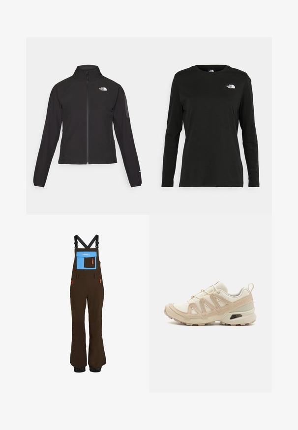 Black zip-up jacket with a high collar, textured fabric, and logo on the left chest. Features long sleeves and a fitted design.; Black long-sleeve t-shirt made of cotton with a round neck. Features a small white logo on the left chest area. Simple design and fit.; Brown ski bib overalls with adjustable black straps, blue chest pocket, orange zippers, and elastic cuffs at the ankles for snug fit.; Beige and cream athletic shoe with textured mesh upper, supportive overlays, and rubber outsole featuring a tread pattern for traction.