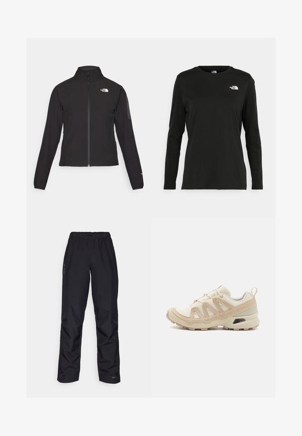 Čierna bunda na zips s vysokým golierom, textúrovanou tkaninou a logom na ľavej hrudi. Má dlhé rukávy a priliehavý strih.; Čierne tričko s dlhým rukávom vyrobené z bavlny s okrúhlym výstrihom. Obsahuje malé biele logo na ľavej strane hrudníka. Jednoduchý dizajn a strih.; Čierne nepremokavé nohavice vyrobené z hladkej syntetickej látky. Obsahujú elastický pás a bočné vrecká, so slabým brandingom na bokoch.; Beige a krémová športová obuv s textúrovaným sieťovým zvrškom, podporujúcimi prekrytiami a gumovou podrážkou s dezénom pre trakciu.