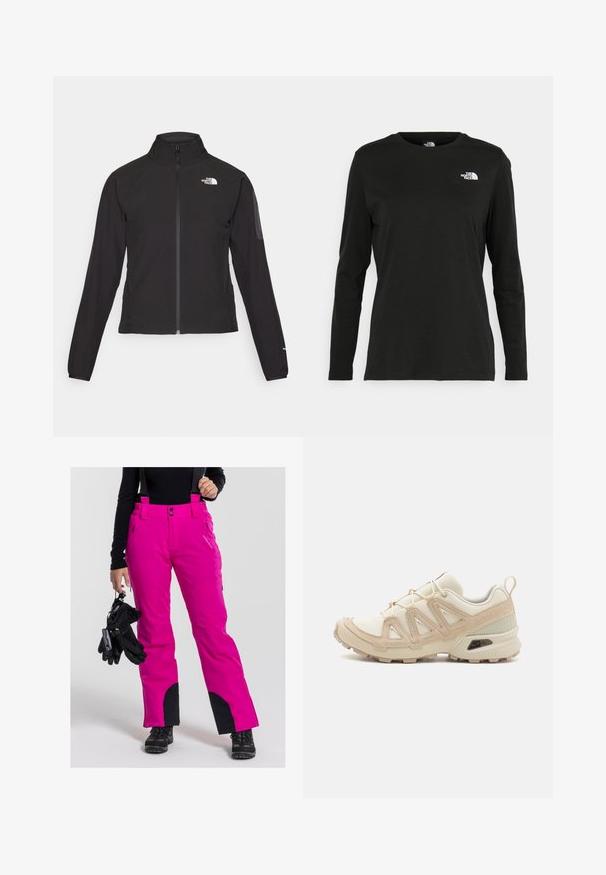 Schwarze Zip-Jacke mit hohem Kragen, strukturiertem Stoff und Logo auf der linken Brust. Verfügt über lange Ärmel und eine taillierte Passform.; Schwarzes Langarm-T-Shirt aus Baumwolle mit Rundhalsausschnitt. Verfügt über ein kleines weißes Logo auf der linken Brustseite. Einfaches Design und Passform.; Rosa wasserdichte Schneehosen mit verstellbaren Trägern, zwei Knöpfen, Seitentaschen und schwarzen Akzenten an den Knöcheln, kombiniert mit schwarzen Handschuhen.; Beige und cremefarbenen Sportschuh mit strukturiertem Mesh-Obermaterial, unterstützenden Überzügen und Gummisohle mit einem Profilmuster für Bodenhaftung.