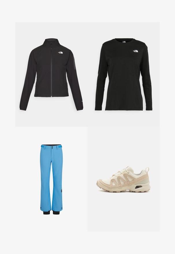 Melna ar rāvējslēdzēju aizdara jaka ar augstu apkakli, teksturētu audumu un logotipu kreisajā krūtī. Satur garas piedurknes un pieguļošu dizainu.; Melnas garām piedurknēm T-krekls, izgatavots no kokvilnas ar apaļu kaklu. Tam ir mazs balts logo kreisajā krūtīs. Vienkāršs dizains un piegulums.; Zilas slēpošanas bikses, kas izgatavotas no ūdensnecaurlaidīga materiāla, ar taisnu kāju dizainu, divām priekšējām kabatām un melniem elastīgiem aprocēm ap potītēm.; Beige un krēma sporta apavi ar strukturētu tīkla virsmu, atbalstošajiem slāņiem un gumijas zoli ar protektoru rakstu, kas nodrošina saķeri.