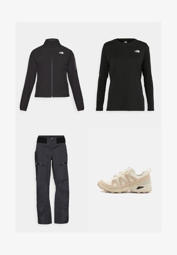 Mustmustabiga must jakk, millel on kõrge krae, tekstureeritud kangas ja logo vasakul rinnal. Omab pikki varrukaid ja sobivat disaini.; Must mustahiheline T-särk, millel on pikad varrukad, valmistatud puuvillast ja ümarast kaelusest. Vasakul rinnal on väike valge logo. Lihtne disain ja sobivus.; Mustad mustad püksid, millel on sile tekstuur, mitu taskut, lukuga detailid ja klõpsuga kinnitamine vöös.; Beež ja koobalti spordijalats tekstureeritud võrkkattega, toetavad ülemised kihid ja kummist tallaga, millel on mustriga joonistus haardeks.