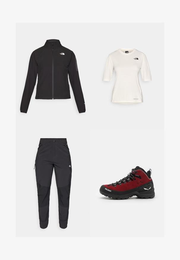 Melna ar rāvējslēdzēju aizdara jaka ar augstu apkakli, teksturētu audumu un logotipu kreisajā krūtī. Satur garas piedurknes un pieguļošu dizainu.; The North Face SHADOW SHORT SLEEVE - Sporta krekli - white dune; Melnas āra bikses, kas izgatavotas no izturīgas auduma. Tām ir kabatas ar rāvējslēdzējiem, pastiprināti ceļu paneļi un taisna griezuma dizains, kas nodrošina kustību brīvību.; Sarkani un melni pārgājiena apavi ar zamšādu un gumijas materiāliem, rakstainām saites, pastiprinātu purngala daļu un logotipa detaļu sānos un uz zoles.