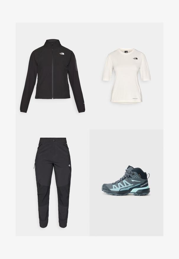Melna ar rāvējslēdzēju aizdara jaka ar augstu apkakli, teksturētu audumu un logotipu kreisajā krūtī. Satur garas piedurknes un pieguļošu dizainu.; The North Face SHADOW SHORT SLEEVE - Sporta krekli - white dune; Melnas āra bikses, kas izgatavotas no izturīgas auduma. Tām ir kabatas ar rāvējslēdzējiem, pastiprināti ceļu paneļi un taisna griezuma dizains, kas nodrošina kustību brīvību.; Tumši pelēki pusgarie pārgājienu apavi ar gaiši ziliem akcentiem. Iespējots teksturēts augšdaļa, pastiprināta purngala daļa un izturīga zole, kas nodrošina labu saķeri.