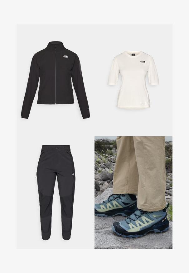 Casaco preto com fecho zip e gola alta, em tecido texturizado, com logo no lado esquerdo do peito. Apresenta mangas longas e um design ajustado.; The North Face SHADOW SHORT SLEEVE - T-shirt desportiva - white dune; Calças pretas para exterior feitas de um tecido resistente. Apresentam bolsos com fecho, painéis de joelhos reforçados e um design de corte reto para maior mobilidade.; Salomon X ULTRA 360 MID GTX - Sapatos de caminhada - trooper/carbon/arona