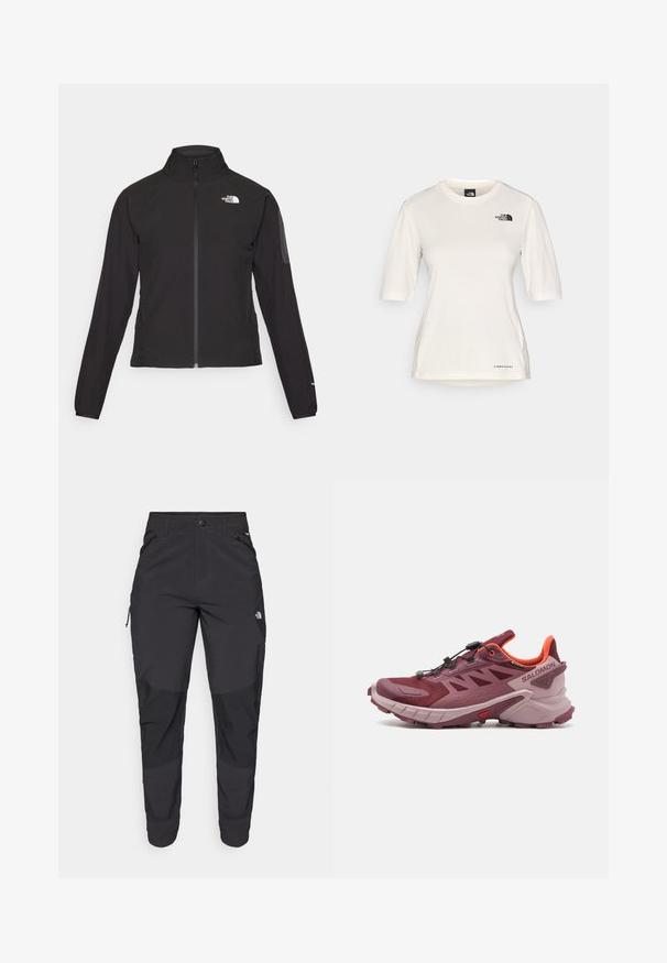 Casaco preto com fecho zip e gola alta, em tecido texturizado, com logo no lado esquerdo do peito. Apresenta mangas longas e um design ajustado.; The North Face SHADOW SHORT SLEEVE - T-shirt desportiva - white dune; Calças pretas para exterior feitas de um tecido resistente. Apresentam bolsos com fecho, painéis de joelhos reforçados e um design de corte reto para maior mobilidade.; Sapatilha de trail running em burgundy e rosa. Possui um cabedal em malha, sola leve e tração dinâmica com relevos visíveis. Inclui um sistema de atacadores elásticos.