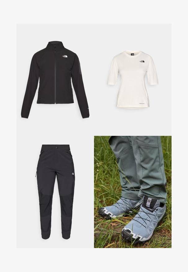 Black zip-up jacket with a high collar, textured fabric, and logo on the left chest. Features long sleeves and a fitted design.; The North Face SHADOW SHORT SLEEVE - Sports T-shirt - white dune; Black outdoor pants made of durable fabric. Feature zippered pockets, reinforced knee panels, and a straight cut design for mobility.; Gray trail running shoes with a textured upper, black laces, and a rugged sole, paired with fitted green pants in grass terrain.