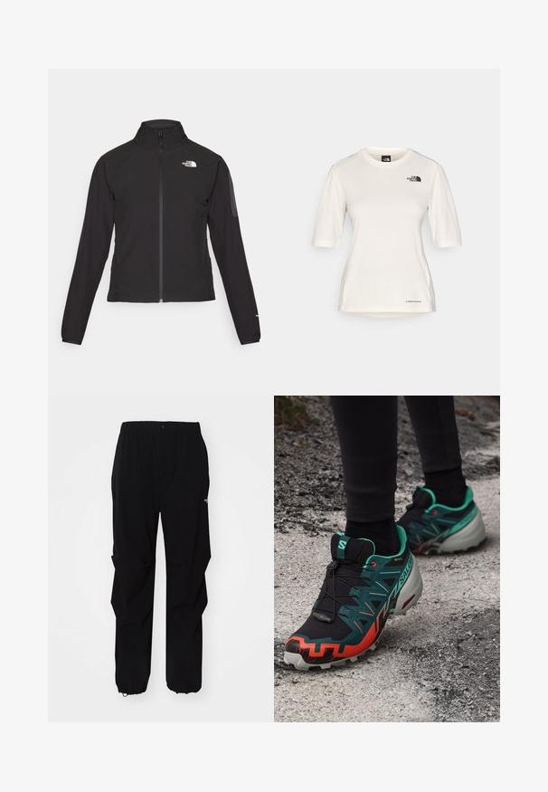 Černá zipová bunda s vysokým límcem, texturovaná tkanina a logo na levé hrudi. Má dlouhé rukávy a přiléhavý design.; The North Face SHADOW SHORT SLEEVE - Sportovní tričko - white dune; Černé venkovní kalhoty vyrobené z odolného materiálu, se uvolněným střihem, elastickým pasem a staženými manžetami pro nastavitelné délky.; Salomon SPEEDCROSS 6 GTX - Běžecké boty do terénu - black/electric green/cherry tomato