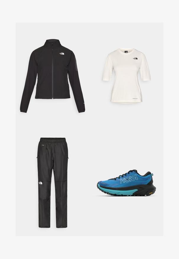Casaco preto com fecho zip e gola alta, em tecido texturizado, com logo no lado esquerdo do peito. Apresenta mangas longas e um design ajustado.; The North Face SHADOW SHORT SLEEVE - T-shirt desportiva - white dune; Calças pretas à prova d'água feitas de um tecido leve, com cintura elástica, bolsos laterais e um logótipo na perna esquerda.; Sapatilhas de corrida azuis com detalhes em preto, apresentando um cabedal texturizado, colarinho almofadado e uma entressola grossa em preto e turquesa com sola Vibram.