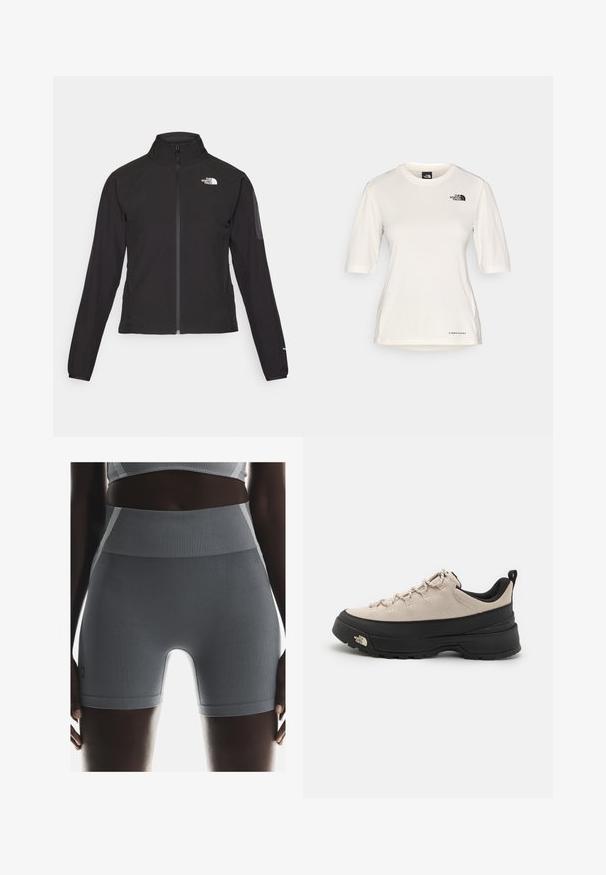 Mustmustabiga must jakk, millel on kõrge krae, tekstureeritud kangas ja logo vasakul rinnal. Omab pikki varrukaid ja sobivat disaini.; The North Face SHADOW SHORT SLEEVE - Spordi T-särk - white dune; Hallid ribikujulised sportlikud lühikesed püksid, millel on kõrge vöökoht, sile tekstuur ja keha lähedane lõige, mida täiendab külgedel väike kaubamärgi silt.; Bežsuede matkajalats musta kummiTallaga, tekstuursete aktsentidega ja peegeldavate paeltega. Omab tõmbluku jaoks tõmbeäärt, et oleks lihtne selga panna.