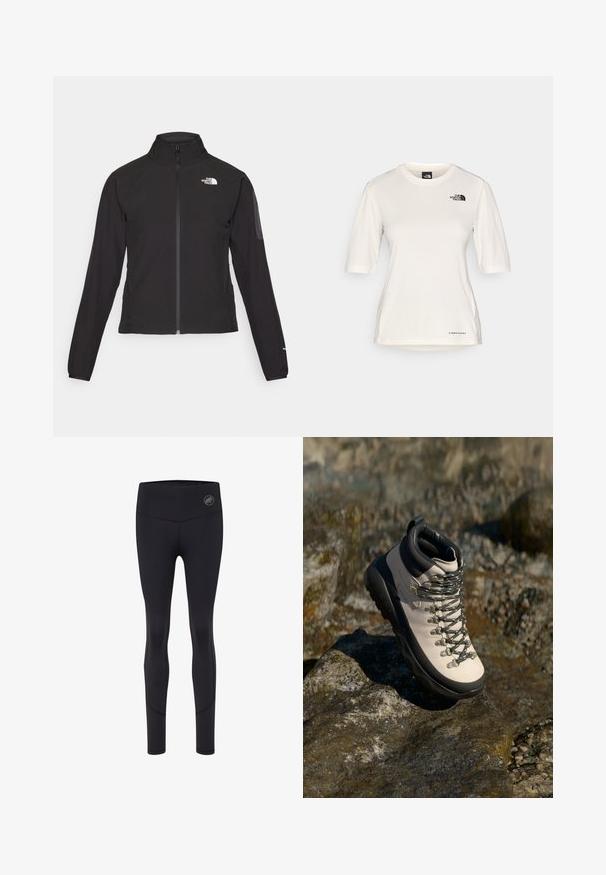 Schwarze Zip-Jacke mit hohem Kragen, strukturiertem Stoff und Logo auf der linken Brust. Verfügt über lange Ärmel und eine taillierte Passform.; The North Face SHADOW SHORT SLEEVE - Sport T-Shirt - white dune; Schwarze Sportleggings mit hohem Bund, featuring ein Logo auf der Vorderseite, glatte Textur und figurschmeichelndem Design.; Hellbeige Wanderschuhe mit einer schwarzen Gummisohle, flexiblem Obermaterial, Metallösen und grauen Schnürsenkeln, platziert auf einer felsigen Oberfläche.