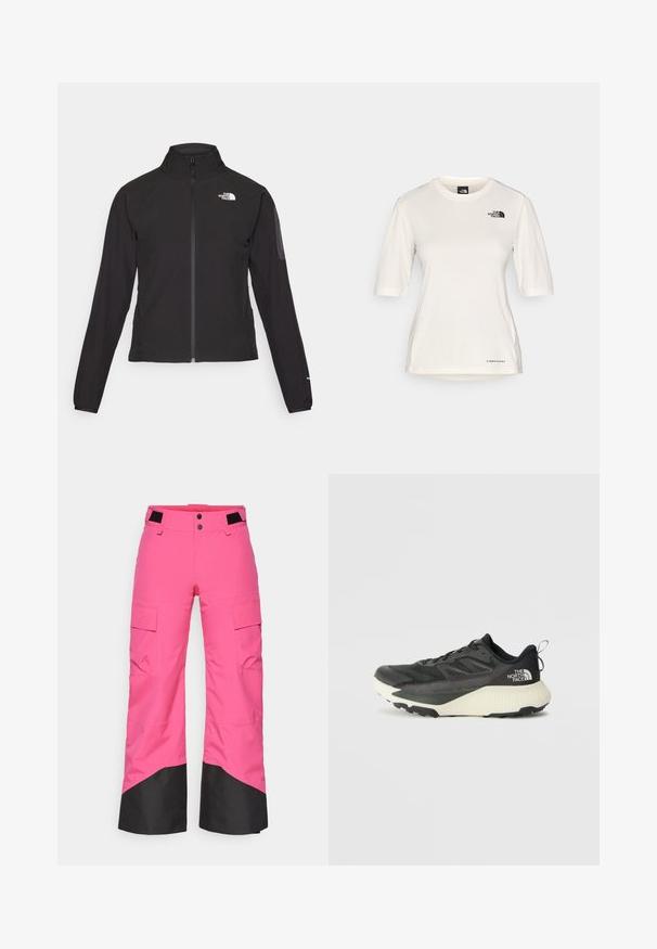 Črna zip-up jakna z visokim ovratnikom, teksturirano blago in logotipom na levem prsnem delu. Ima dolge rokave in prilega se.; The North Face SHADOW SHORT SLEEVE - Športne majice - white dune; Roza smučarska hlača z črnim spodnjim delom, izdelana iz trpežnega materiala. Ima funkcionalne žepke in širok kroj za udobje in gibljivost.; Črne atletske čevlje z teksturiranim zgornjim delom, ki imajo sivo obrobo in belo srednjo podplat. Vključujejo zanko za vprego in izstopajočo blagovno znamko na peti.