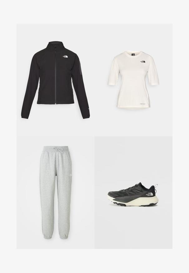 Fekete, cipzáros dzseki magas gallérral, texturált anyagból, bal mellen logóval. Hosszú ujjak és testhezálló fazon jellemzi.; The North Face SHADOW SHORT SLEEVE - Sportfelső - white dune; Szürke melegítőnadrág rugalmas derékkal és zsinórral. Az anyaga puha, rugalmas mandzsettákkal a bokán és logóval díszítve.; Fekete sportcipő, texturált felsőrésszel, szürke kiegészítőkkel és fehér középtalppal. Húzófüllel és kiemelkedő márkalandírral a sarkán.