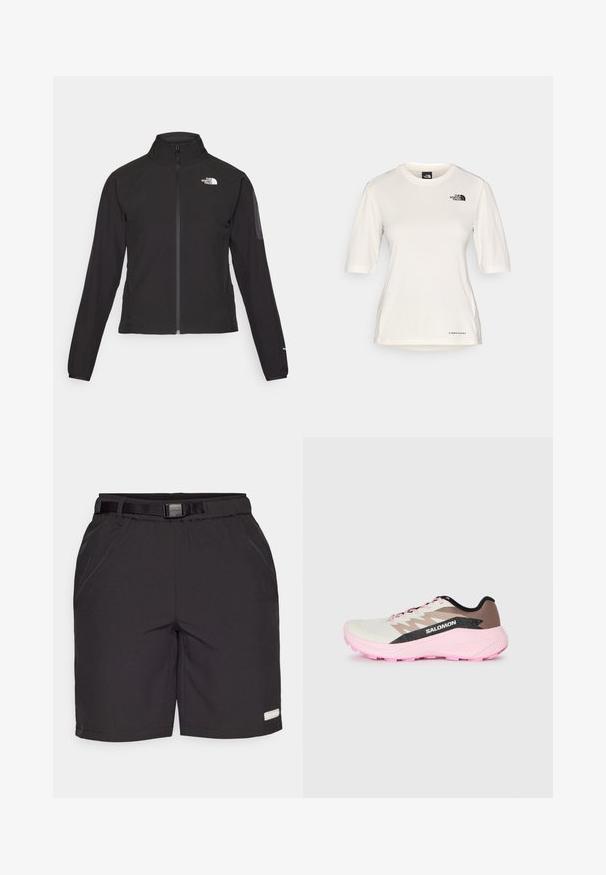 Mustmustabiga must jakk, millel on kõrge krae, tekstureeritud kangas ja logo vasakul rinnal. Omab pikki varrukaid ja sobivat disaini.; The North Face SHADOW SHORT SLEEVE - Spordi T-särk - white dune; Mustad lühikesed püksid, mis on valmistatud kergest ja siledast kangast. Omab reguleeritavat vööd, küljetaskuid ja väikest logo silti alumisel parempoolsel küljel.; Kerge jooksujalanõud valges, pruunis ja roosas. Omab hingavat ülemist osa, tekstuurseid halli aktsente ja roosa kummist mustrit.