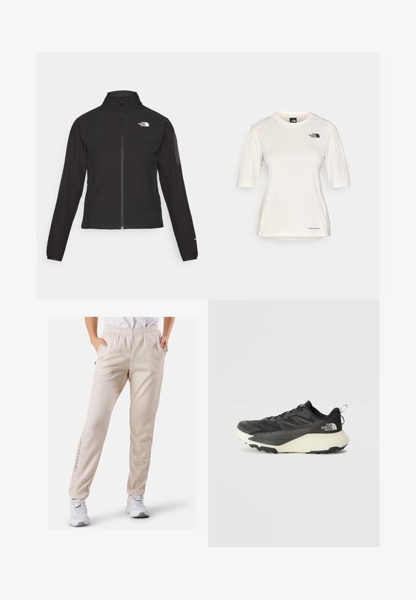 Svart zip-up jacka med hög krage, texturerat tyg och logotyp på vänster bröst. Har långa ärmar och en figursydd design.; The North Face SHADOW SHORT SLEEVE - T-shirt till träning - white dune; Beige sweatpants med en bekväm elastisk midja, sidofickor och "SWEDEMOUNT"-logotyp i grått på nedre vänstra benet.; Svart atletisk sko med en texturerad ovandel, med grå accenter och en vit mellanläggssula. Inkluderar en dragtab och en framträdande varumärkeslogotyp på hälen.