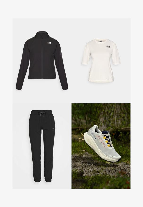 Melna ar rāvējslēdzēju aizdara jaka ar augstu apkakli, teksturētu audumu un logotipu kreisajā krūtī. Satur garas piedurknes un pieguļošu dizainu.; The North Face SHADOW SHORT SLEEVE - Sporta krekli - white dune; Melnas sporta bikses ar elastīgu jostasvīru un šņorēm, kurām ir sašaurinātas kājas un elastīgas malā. Izgatavotas no gluda, viegla auduma.; Balti sporta apavi ar pelēkiem un rozā akcentiem, GORE-TEX zīmols, sieta augšdaļa un teksturēta zole, paredzēti āra teraņiem.