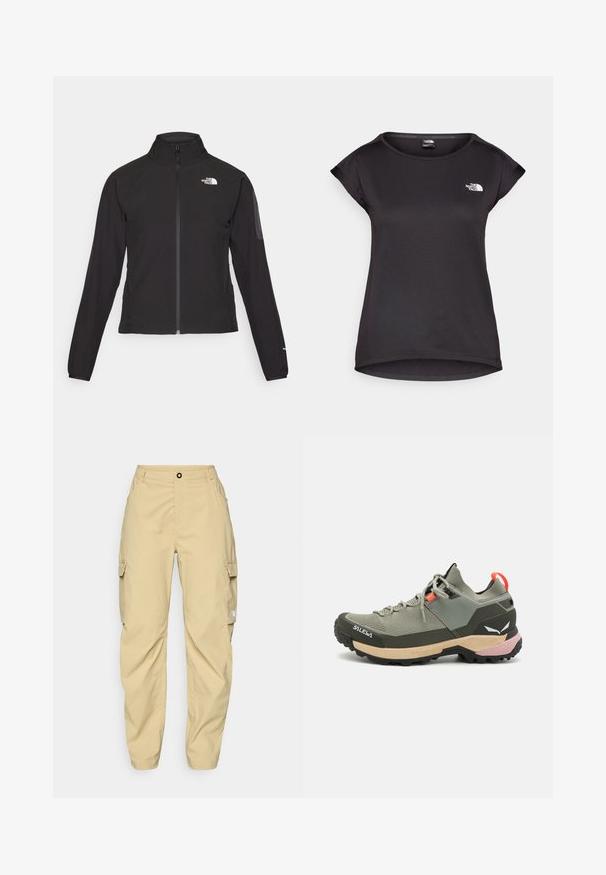 Črna zip-up jakna z visokim ovratnikom, teksturirano blago in logotipom na levem prsnem delu. Ima dolge rokave in prilega se.; The North Face TANKEN TANK - Športne majice - black; The North Face EXPLORATION CARGO PANTS - Hlače za na prostem - khaki stone; Lahki zeleni pohodniki z mrežnimi in gumijastimi materiali, črn zunanjim delom za oprijem, roza in oranžnimi detajli ter ojačanim prstnim delom.