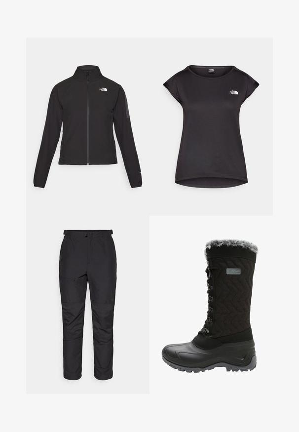 Black zip-up jacket with a high collar, textured fabric, and logo on the left chest. Features long sleeves and a fitted design.; The North Face TANKEN TANK  - Sports T-shirt - black; Black outdoor pants made of lightweight material, feature a smooth texture, elastic waist, zip pocket, and panel detailing on lower legs.; Black winter boot with a textured fabric upper, faux fur trim, lace-up front, and rubber outsole for traction. Features a zigzag pattern.