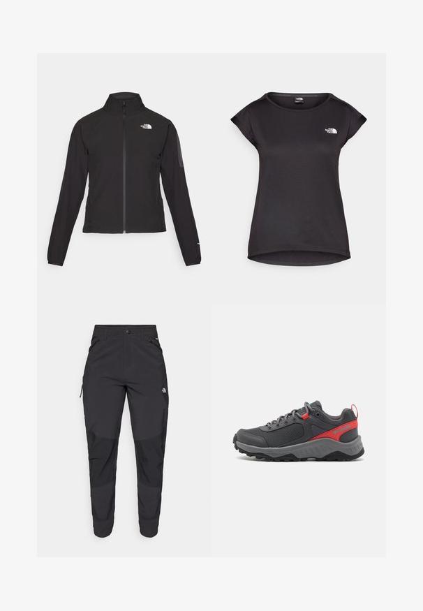 Sort zip-jacket med høj krave, struktureret stof og logo på venstre bryst. Har lange ærmer og en tætsiddende design.; The North Face TANKEN TANK - Sports T-shirts - black; Sorte udendørsbukser lavet af slidstærkt stof. Har lynlåslommer, forstærkede knæpaneler og en lige skæring for bedre bevægelighed.; Grå udendørs sneaker med mesh-overdel, røde og aqua accenter, runde snørebånd, polstret sål og en robust sort gummisål for godt greb.