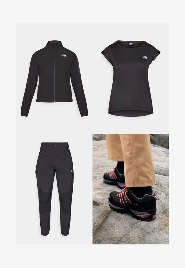 Sort zip-jacket med høj krave, struktureret stof og logo på venstre bryst. Har lange ærmer og en tætsiddende design.; The North Face TANKEN TANK  - Sports T-shirts - black; Sorte udendørsbukser lavet af slidstærkt stof. Har lynlåslommer, forstærkede knæpaneler og en lige skæring for bedre bevægelighed.; Sorte og grå vandresko med pink accenter, der har en tekstureret overdel, forstærket tåkappe og robust grebsål, hvilede på klipper.