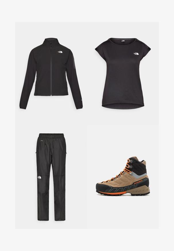 Svart zip-up jakke med høy krage, teksturert stoff, og logo på venstre bryst. Har lange ermer og en tettsittende design.; The North Face TANKEN TANK - T-skjorte til trening - black; Sorte vanntette bukser laget av lettvektig stoff, med elastisk midjebånd, sidelommer og en logo på venstre ben.; Beige og svart høyt ankelstøvel til fotturer med oransje snører, gummitåhette, teksturert overdel og robust såle. Har forsterket ankelstøtte.