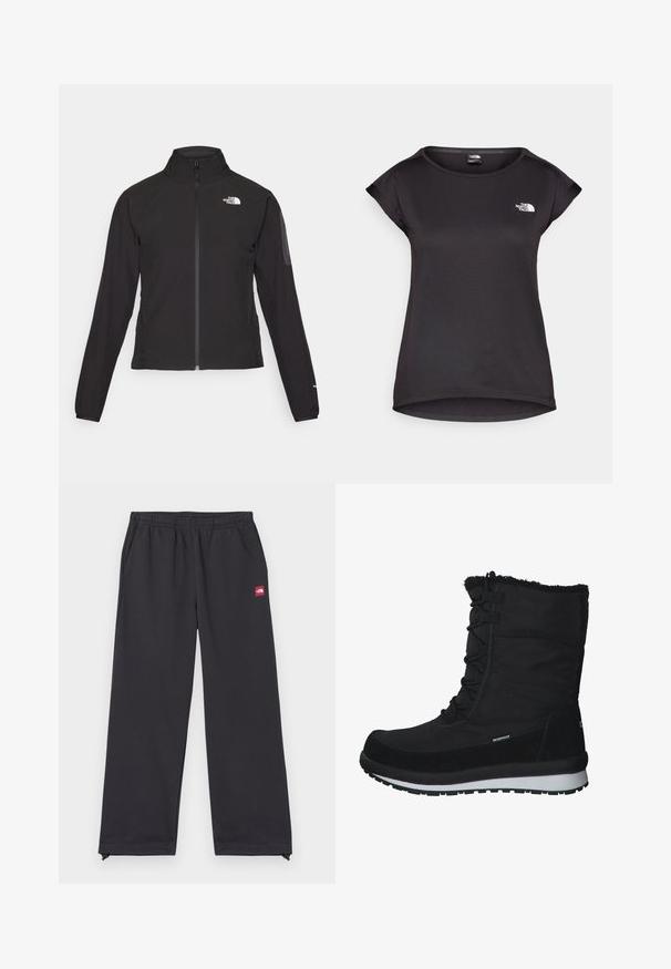 Veste noire zippée avec un col haut, tissu texturé et logo sur la poitrine gauche. Elle possède des manches longues et une coupe ajustée.; The North Face TANKEN TANK - T-shirt de sport - black; Pantalons de sport noirs en tissu doux, présentant une coupe ample, une taille élastique, des poches latérales, et une petite étiquette de logo rouge à l'avant.; CMP HARMA SNOW WP - Bottes de neige - schwarz