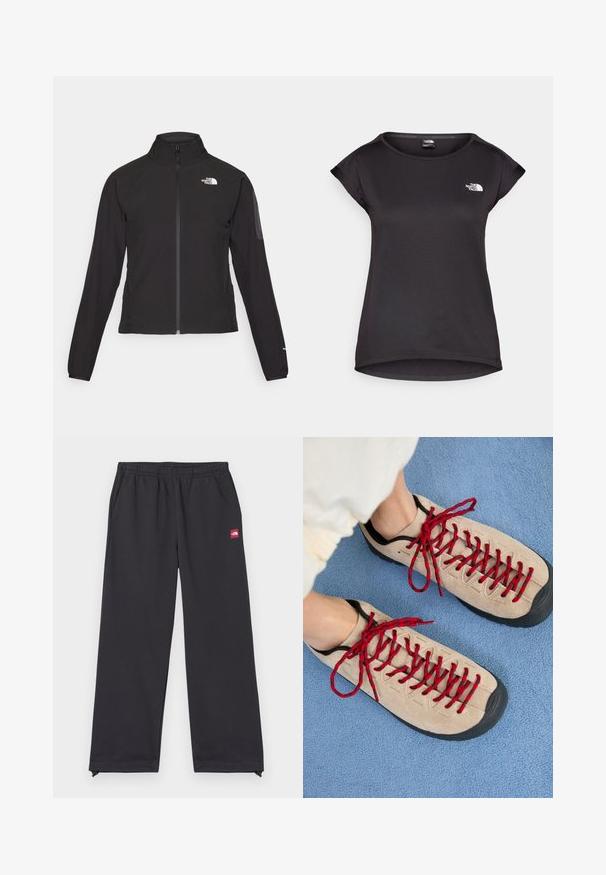 Mustat vetoketjullinen takki, jossa on korkea kaulus, teksturoitu kangas ja logo vasemmassa rinnassa. Ominaisuuksiin kuuluvat pitkät hihat ja slim fit -muotoilu.; The North Face TANKEN TANK - Tekninen t-paita - black; Musta urheiluhousut pehmeästä kankaasta, joissa on löysä istuvuus, joustava vyötärö, sivutaskut ja pieni punainen logo-tagi edessä.; Beige kengät punaisilla nauhoilla, aseteltuna siniselle tekstiilipinnan, osittain paljastaen henkilön nilkkaa. Kenkien muotoilu on urheilullinen.