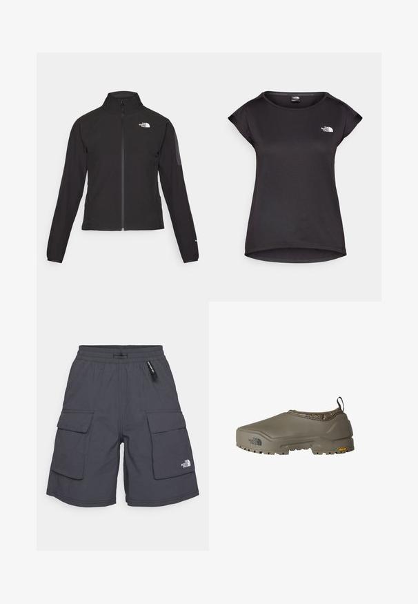 Mustat vetoketjullinen takki, jossa on korkea kaulus, teksturoitu kangas ja logo vasemmassa rinnassa. Ominaisuuksiin kuuluvat pitkät hihat ja slim fit -muotoilu.; The North Face TANKEN TANK - Tekninen t-paita - black; Harmaat cargo-shortsit, joissa on naru- ja kuminauha vyötäröllä, kaksi sivutaskua ja kaksi läppätaskua. Alhaalla vasemmalla pieni valkoinen logo.; The North Face BASE CAMP WP MULE - Loaferit/pistokkaat - mocha brown mocha brown
