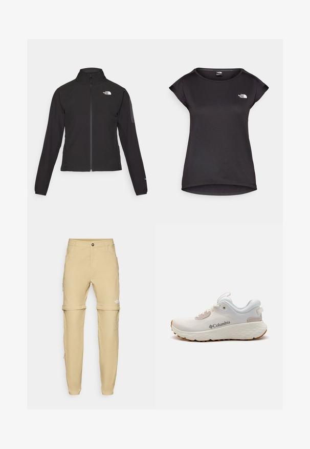 Melna ar rāvējslēdzēju aizdara jaka ar augstu apkakli, teksturētu audumu un logotipu kreisajā krūtī. Satur garas piedurknes un pieguļošu dizainu.; The North Face TANKEN TANK  - Sporta krekli - black; Beigās, nošķiramas cargo bikses ar gludu tekstūru, kurām ir sānu kabatas, pogu aizdare un neliels logo kreisajā kājā.; Viegls Columbia sporta apavs baltā sietā ar teksturētu pelēku zoli un gumijas saķeri. Iespējas ietver polsterētu apkakli un saistīšanas dizainu.