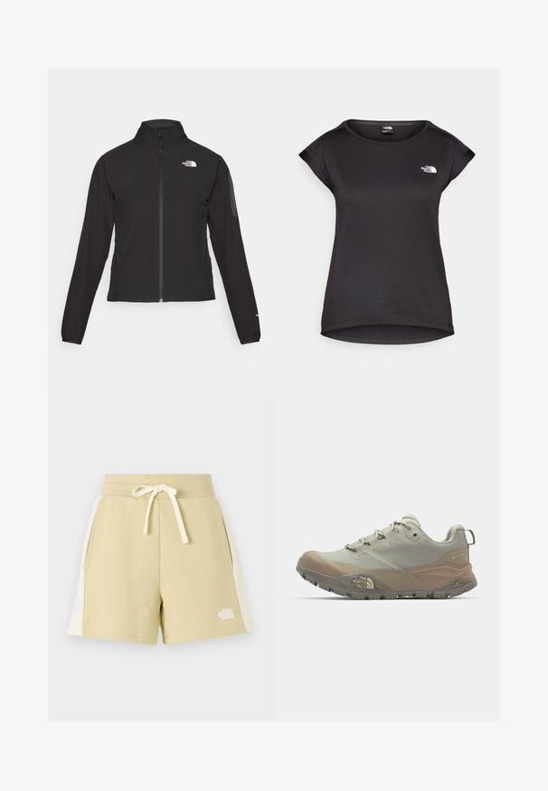 Casaco preto com fecho zip e gola alta, em tecido texturizado, com logo no lado esquerdo do peito. Apresenta mangas longas e um design ajustado.; The North Face TANKEN TANK - T-shirt desportiva - black; Calças curtas de cor verde oliva claro, feitas de um tecido suave, com bolsos laterais, uma cintura elástica com cordão e um logo branco na perna esquerda.; Sapatilha desportiva cinza claro com detalhes em bege, feita de material sintético. Apresenta uma sola robusta, design com atacadores e uma marca na lateral.