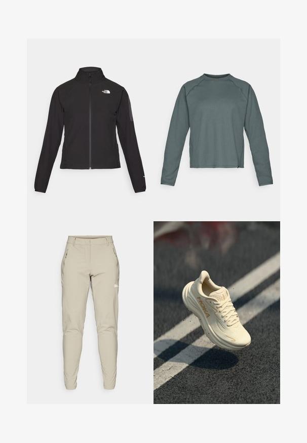 Fekete, cipzáros dzseki magas gallérral, texturált anyagból, bal mellen logóval. Hosszú ujjak és testhezálló fazon jellemzi.; Hosszú ujjú, kerek nyakú felső textúrált sötét teal anyagból, bordázott mintázattal és enyhén cropped szegéllyel.; Világos bézs, slim-fit szabású kültéri nadrág sima textúrával, oldalsó cipzáras zsebekkel és kis logóval a combon. Szabott bokanyílásokkal.; Fehér sportcipő texturált felsőrésszel, lekerekített orral és vastag talppal. Világosbézs részletekkel és fűzőkkel, sötét felület felett lebegve.