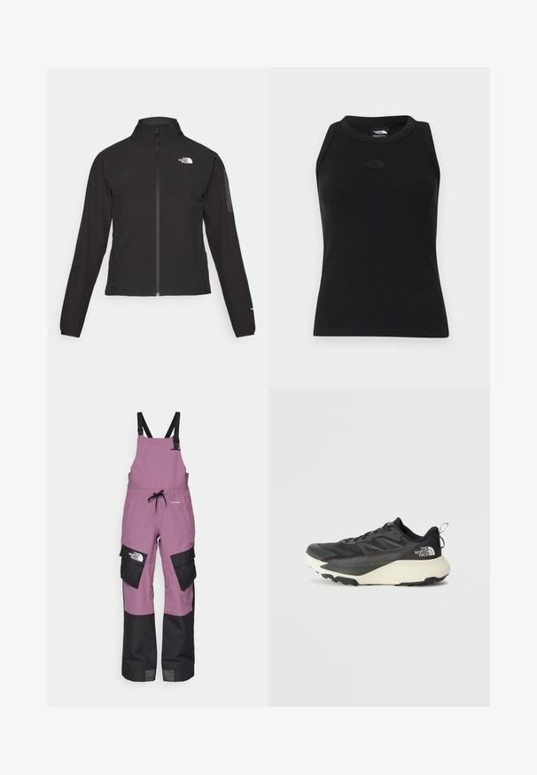 Fekete, cipzáros dzseki magas gallérral, texturált anyagból, bal mellen logóval. Hosszú ujjak és testhezálló fazon jellemzi.; Fekete, bordázott ujjatlan póló, kerek nyakkivágással. Diszkrét logóval a mellkason és sima tapintással rendelkezik.; Lila vízálló nadrág, fekete kiegészítőkkel, állítható vállpántokkal, több zsebbel és logóval a bal oldalon.; Fekete sportcipő, texturált felsőrésszel, szürke kiegészítőkkel és fehér középtalppal. Húzófüllel és kiemelkedő márkalandírral a sarkán.