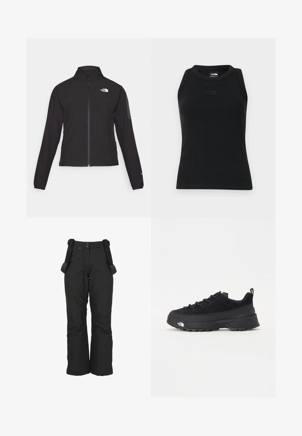 Schwarze Zip-Jacke mit hohem Kragen, strukturiertem Stoff und Logo auf der linken Brust. Verfügt über lange Ärmel und eine taillierte Passform.; Schwarzes geripptes Tanktop mit rundem Ausschnitt und ärmellosem Design. Inklusive eines dezenten Logos auf der Brust und einer glatten Textur.; Schwarze wasserdichte Schneehosen mit verstellbaren Trägern, ausgestattet mit glatter Textur, geradem Bein-Design und verstärkten Nähten für Haltbarkeit.; Schwarzer Outdoorsneaker mit einem Obermaterial aus Wildleder, strukturierter Gummisohle und robustem Schnürsystem. Verfügt über eine verstärkte Ferse und das Markenlogo an der Seite.