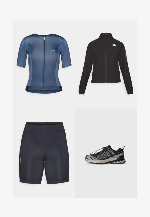 Sort zip-jacket med høj krave, struktureret stof og logo på venstre bryst. Har lange ærmer og en tætsiddende design.; Kortærmet cykeltrøje lavet af glat, strækbart blåt stof, har en frontlynlås, POC-logo og en let buet kant.; Sorte atletiske shorts i glat, strækbart stof. Har en høj talje og logo-detaljer på siden. Simpelt, elegant design.; Sort og grå atletiksko med overdel i mesh, gummisål og elastisk snøresystem. Har forstærket tå og teksturerede detaljer.