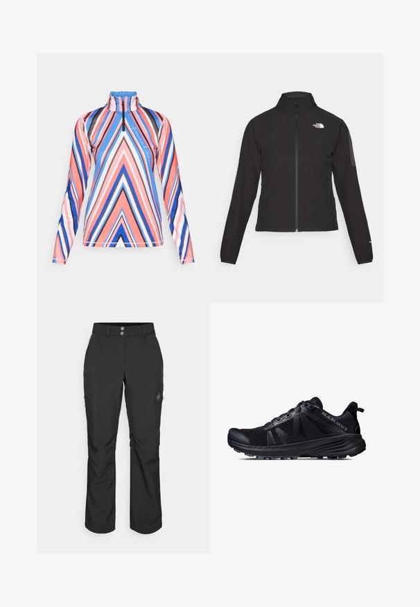 Zwarte zip-up jas met een hoge kraag, textuurstof en een logo op de linker borst. Beschikt over lange mouwen en een slim fit ontwerp.; Half-zip lange mouwtop in felroze, blauw en zwarte geometrische strepen, met een hoge kraag en zachte, rekbare stof.; Zwarte outdoor pants met een rechte snit, voorzien van een knoopsluiting, ritszakken aan de zijkant en een logo-label op de linker bovenbeen.; Zwarte trailrunningschoen met een mesh bovenkant en rubberen zool. Heeft textuur overlays, een versterkte neuskap en het merkteken op de hiel.