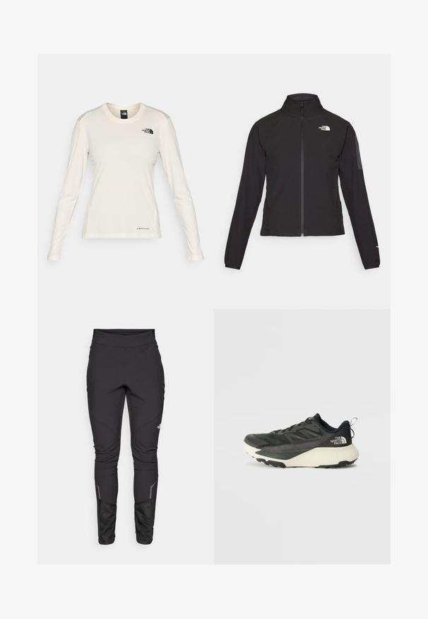 Zwarte zip-up jas met een hoge kraag, textuurstof en een logo op de linker borst. Beschikt over lange mouwen en een slim fit ontwerp.; The North Face SHADOW LONG SLEEVE - Longsleeve - white dune; Zwarte outdoorbroek met een aansluitend ontwerp, duurzame stof, reflecterende accenten en paneelnaden voor verbeterde mobiliteit en comfort.; Zwarte sportieve schoen met een gestructureerde bovenkant, voorzien van grijze accenten en een witte tussenzool. Inclusief een trekhaak en een opvallend merklogo op de hiel.