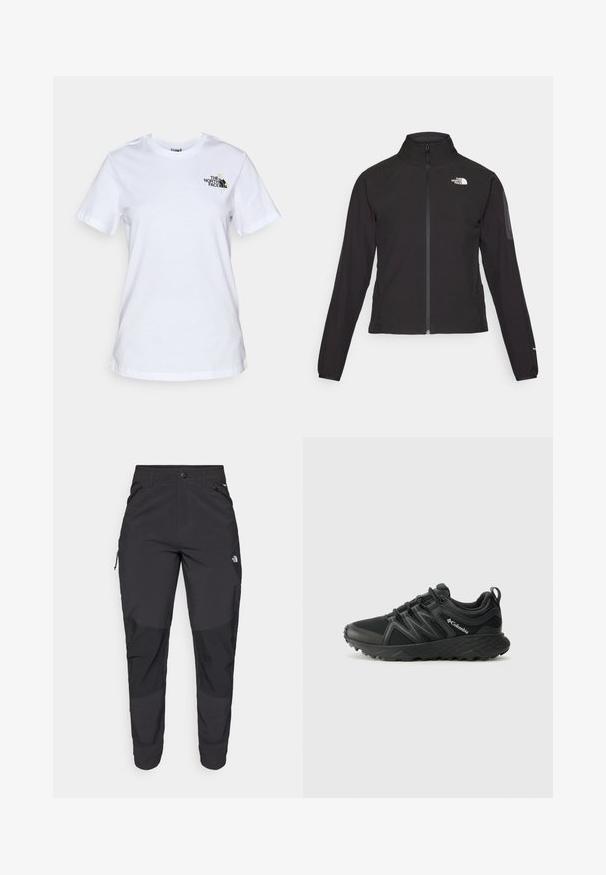 Black zip-up jacket with a high collar, textured fabric, and logo on the left chest. Features long sleeves and a fitted design.; White cotton t-shirt with short sleeves, featuring a small black logo on the left chest area. Classic crew neckline and relaxed fit.; Black outdoor pants made of durable fabric. Feature zippered pockets, reinforced knee panels, and a straight cut design for mobility.; Columbia PEAKFREAK - Hiking shoes - black