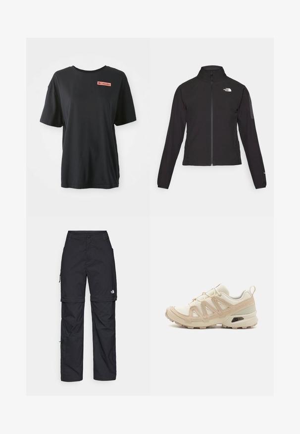 Melna ar rāvējslēdzēju aizdara jaka ar augstu apkakli, teksturētu audumu un logotipu kreisajā krūtī. Satur garas piedurknes un pieguļošu dizainu.; Melna kokvilnas T-kreklu ar īsām piedurknēm, brīvs piegriezums un sarkans taisnstūrveida logo kreisajā krūtī. Gluda virsma un vienkāršs dizains.; Melni nailona bikses ar noņemamām kājām, regulējamiem uzmavām, vairākām kabatām un logotipu uz labās kājas. Gluda, viegla tekstūra.; Beige un krēma sporta apavi ar strukturētu tīkla virsmu, atbalstošajiem slāņiem un gumijas zoli ar protektoru rakstu, kas nodrošina saķeri.