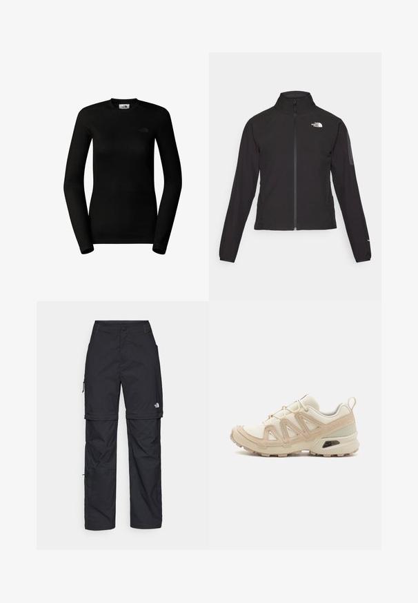 Schwarze Zip-Jacke mit hohem Kragen, strukturiertem Stoff und Logo auf der linken Brust. Verfügt über lange Ärmel und eine taillierte Passform.; The North Face W EASY L/S CREW NECK - Langarmshirt - tnf black; Schwarze Nylon-Zip-Off-Cargohosen mit verstellbaren Bündchen, mehreren Taschen und einem Logo am rechten Bein. Glatte, leichte Textur.; Beige und cremefarbenen Sportschuh mit strukturiertem Mesh-Obermaterial, unterstützenden Überzügen und Gummisohle mit einem Profilmuster für Bodenhaftung.