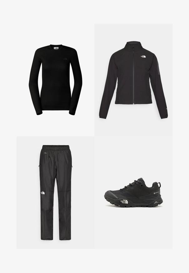 Black zip-up jacket with a high collar, textured fabric, and logo on the left chest. Features long sleeves and a fitted design.; The North Face W EASY L/S CREW NECK - Long sleeved top - tnf black; Black waterproof pants made from lightweight fabric, featuring an elastic waistband, side pockets, and a logo on the left leg.; Black hiking shoe with a textured upper, lace closure, and a chunky rubber sole featuring a prominent logo on the side and tread patterns.