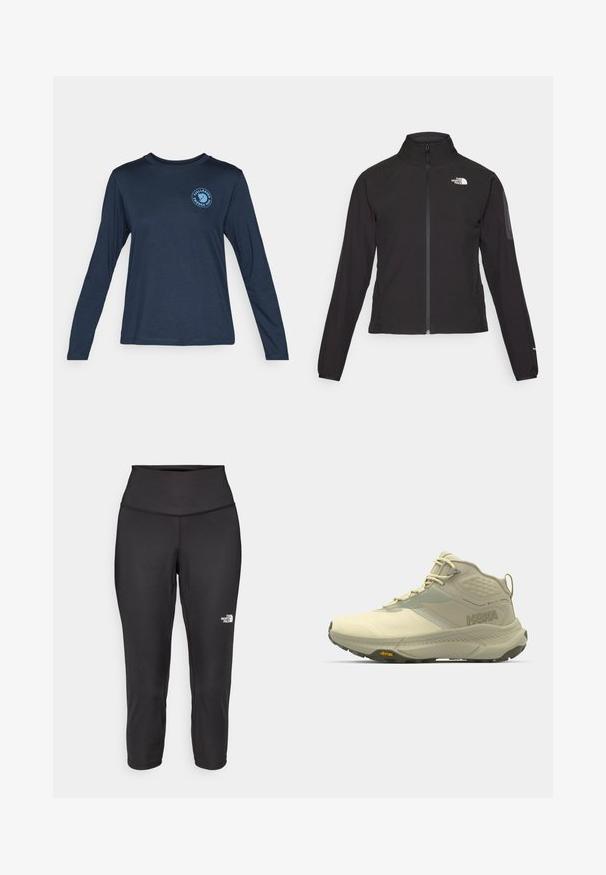 Casaco preto com fecho zip e gola alta, em tecido texturizado, com logo no lado esquerdo do peito. Apresenta mangas longas e um design ajustado.; T-shirt de manga longa em azul-marinho, feito de um tecido macio. Apresenta um decote redondo e um logótipo azul circular na área do peito esquerdo.; Leggings capri pretos feitos de um tecido elástico, com uma cintura alta e um pequeno logótipo branco no lado esquerdo. Textura suave.; Bota de caminhada Hoka em bege claro, com um upper texturizado, fecho de atacadores e sola Vibram. Logótipo lateral distintivo e design de suporte.