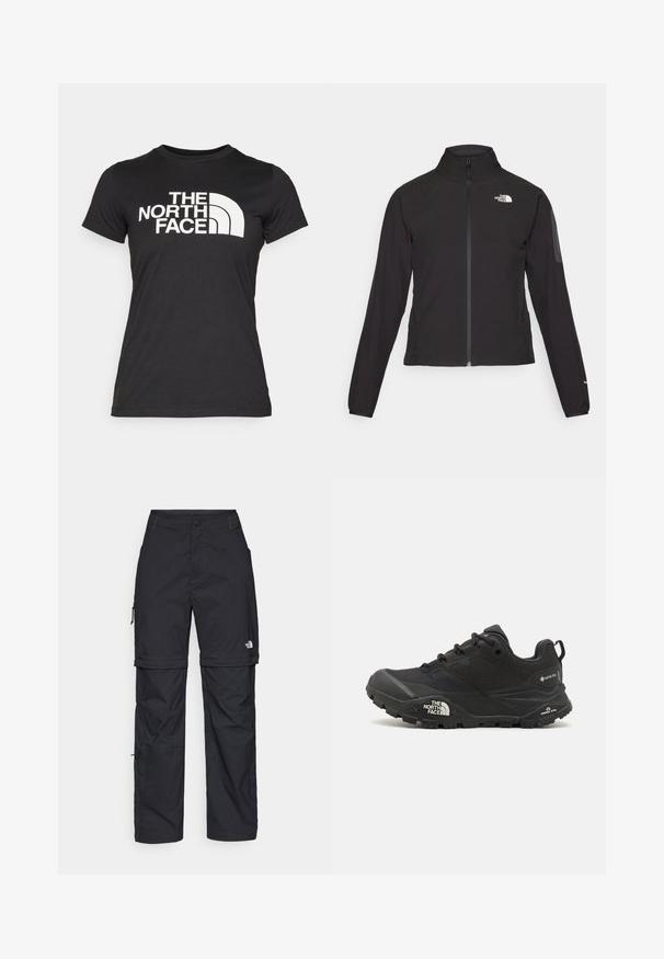 Chaqueta negra con cremallera y cuello alto, de tela texturizada, y logo en el lado izquierdo del pecho. Con mangas largas y un diseño ajustado.; Camiseta negra de algodón con mangas cortas. Presenta un gran texto de logo blanco y un gráfico curvado en el frente. Textura suave.; Pantalones cargo de nailon negro con cremallera desmontable, puños ajustables, múltiples bolsillos y un logotipo en la pierna derecha. Textura suave y ligera.; Zapatilla de senderismo negra con parte superior texturizada, cierre de cordones y una suela de goma gruesa que presenta un logotipo prominente en el lado y patrones de tracción.